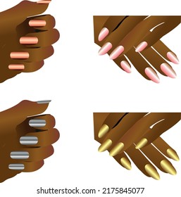 Set of vector nail polish illustration on black hands or black finger models.