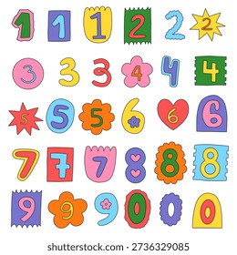 A set of vector naive bright groovy numbers isolated on a white background. Numbers elements clipart. Numbers lettering.