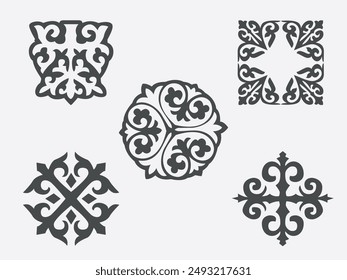 Set of vector national ornaments of Kazakhstan. Patterns consisting of rhythmic ordered elements peculiar to Kazakh folk art. Turkic peoples. Part 1