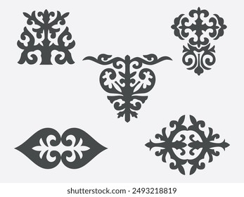 Set of vector national ornaments of Kazakhstan. Patterns consisting of rhythmic ordered elements peculiar to Kazakh folk art. Turkic peoples. Part 2