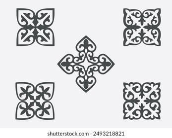 Set of vector national ornaments of Kazakhstan. Patterns consisting of rhythmic ordered elements peculiar to Kazakh folk art. Turkic peoples. Part 3