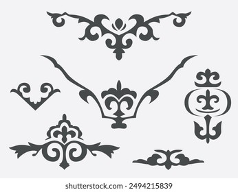 Set of vector national ornaments of Kazakhstan. Patterns consisting of rhythmic ordered elements peculiar to Kazakh folk art. Turkic peoples. Part 7