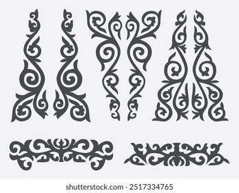 Set of vector national ornaments of Kazakhstan. Patterns consisting of rhythmic ordered elements peculiar to Kazakh folk art. Turkic peoples. Part 10