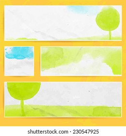 Set of vector nature banners with watercolor landscape. Painted green tree and blue sky on rumple paper.