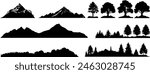 Set of vector nature silhouettes - mountains, trees, mountains and glaciers - design elements - mountain ranges, hills and forests