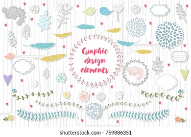 Set of vector nature stickers, with bloom flower, wreath, feather, birds and plant circle frame.