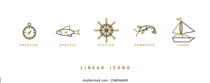 Set of vector, nautical icons. Linear illustrations