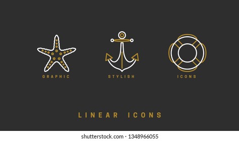 Set of vector, nautical icons. Linear illustrations