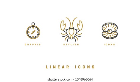 Set of vector, nautical icons. Linear illustrations