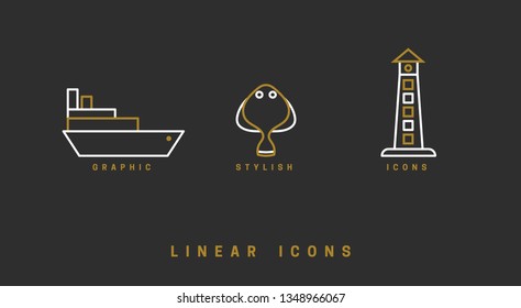 Set of vector, nautical icons. Linear illustrations