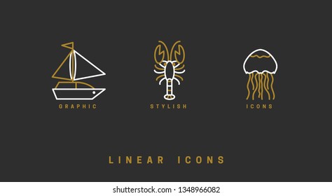 Set of vector, nautical icons. Linear illustrations
