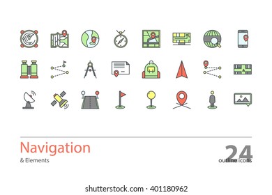 Set of vector navigation outline icons. Colorful.