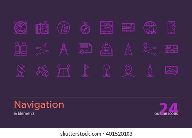 Set of vector navigation outline icons.Pink