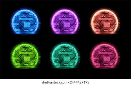 A set of vector neon barrier spheres with a three-dimensional grid. Technological shields with a protective energy field on a black background for a futuristic safety design.