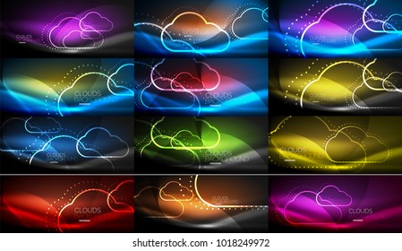 Set of vector neon cloud computing vector backgrounds