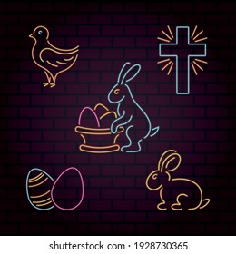 Set of vector neon Easter icons: rabbit, cross, eggs, chicken on a brick wall background