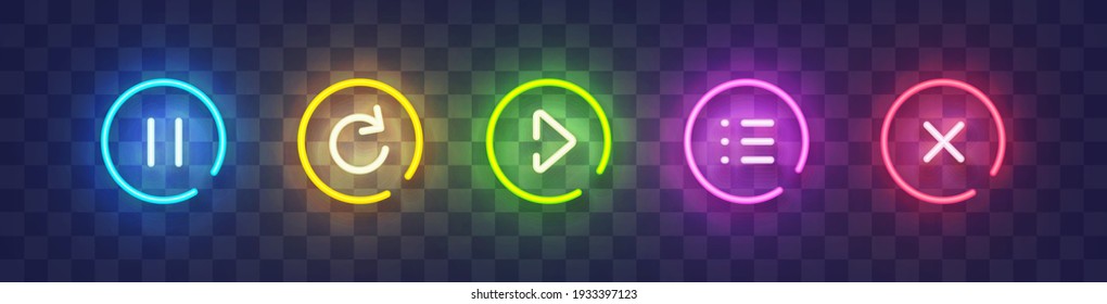 Set of vector neon game buttons. Colored neon buttons. Game button and icon neon. Vector illustration