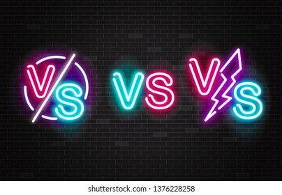 Set of vector neon glowing battles versus signs. Outline set of vs pink and blue symbol for competition, fight, match and championship. Vector versus battle illustration.