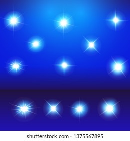 Set of Vector Neon Light Effects. Blue glowing light explodes .Bright Star. Special line flare light effects for design and decor. Blue background.