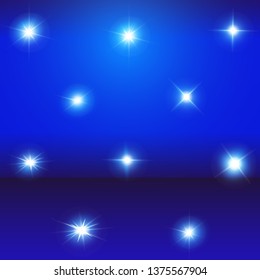 Set of Vector Neon Light Effects. Blue glowing light explodes .Bright Star. Special line flare light effects for design and decor. Blue background.