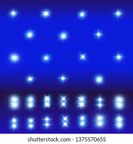 Set of Vector Neon Light Effects. Blue glowing light explodes .Bright Star. Special line flare light effects for design and decor. Blue background.