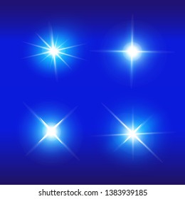 Set of Vector Neon Light Effects. Blue glowing light explodes .Bright Star. Special line flare light effects for design and decor. Blue background.