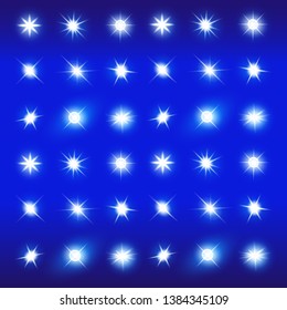 Set of Vector Neon Light Effects. Blue glowing light explodes .Bright Star. Special line flare light effects for design and decor. Blue background.