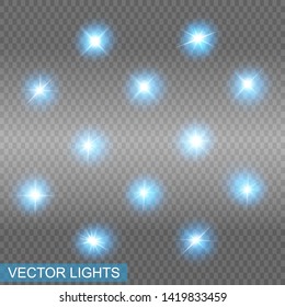 Set of Vector Neon Light Effects. Blue glowing light explodes .Bright Star. Special line flare light effects for design and decor.