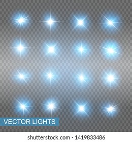 Set of Vector Neon Light Effects. Blue glowing light explodes .Bright Star. Special line flare light effects for design and decor.