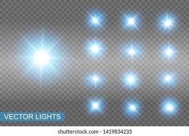 Set of Vector Neon Light Effects. Blue glowing light explodes .Bright Star. Special line flare light effects for design and decor.