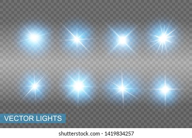 Set of Vector Neon Light Effects. Blue glowing light explodes .Bright Star. Special line flare light effects for design and decor.