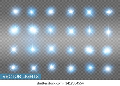 Set of Vector Neon Light Effects. Blue glowing light explodes .Bright Star. Special line flare light effects for design and decor.