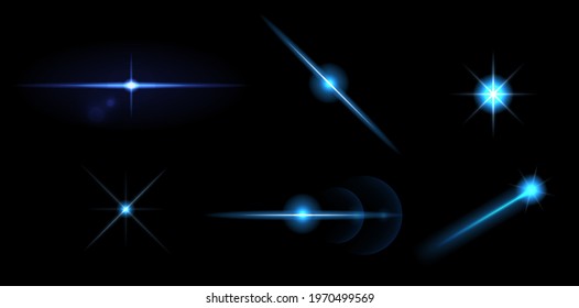 Set of Vector Neon Light Effects. Abstract Glowing Blue Line. UI Design Element. Transparent Lens Flare Effect. Futuristic Vibrant Glow for Game Design, Banner, Poster, Button.