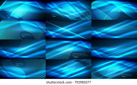 Set of vector neon smooth wave digital abstract backgrounds