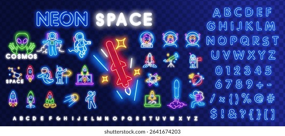 A set of vector neon space-themed icons with a bright glowing alphabet. Funny rockets, UFO shuttles, astronauts, cute space objects, graphic elements of computer games are isolated.
