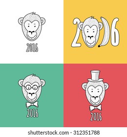 Set of vector New Year 2016 greeting cards. Hand drawn linear portrait of cute smiling monkey in hat, glasses and bow tie. T-shirt print design illustration.