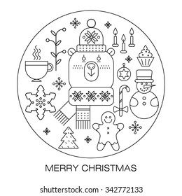 Set of vector New Year and Christmas symbols isolated on a white background. Christmas design in the style of a mono line.