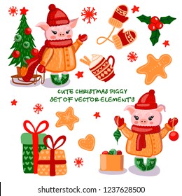
Set of vector new year illustrations with cute pigs. Set for Christmas greeting card. Cute flat illustration for christmas background with pig. Chinese New Year. The year of the pig 2019 new year