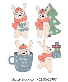 Set of vector New Year illustrations.
Cute rabbit with a Christmas tree and gifts.