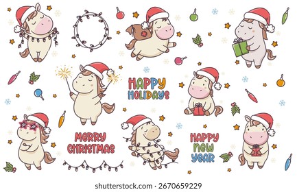 Un conjunto de ilustraciones de año Nuevo de Vector sobre un fondo blanco. Caballos lindos, símbolos de 2026 en diferentes poses con sombreros de Santa Claus. Guirnalda del año Nuevo, decoraciones del árbol de Navidad, estrellas, y nieve