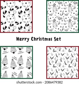 set of vector new year patterns black and white linear art festive elements christmas tree santa claus toys  funny print on fabric print on wrapping paper winter 