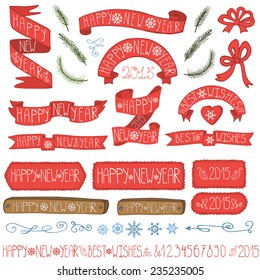 Set of vector New year ribbons,spruce branches,lettering,snowflakes,decor element, vintage christmas labels. Elements for Xmas design.Doodles New year decorations set. 