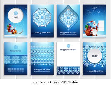Set of vector New Year stock illustrations. Use for packaging design, books, brochures, magazines, printer materials, elements of site, banner, holiday cards. Images of Santa Claus, snowflakes. Icon