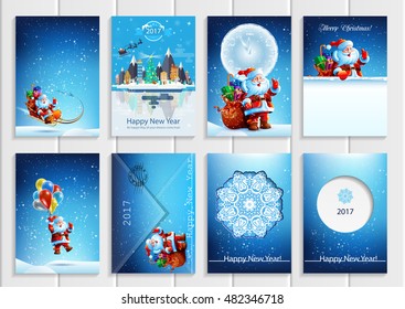 Set of vector New Year stock illustrations. Use for packaging design, books, brochures, magazines, printer materials, elements of site, banner, holiday cards. Images of Santa Claus, snowflakes. Icon