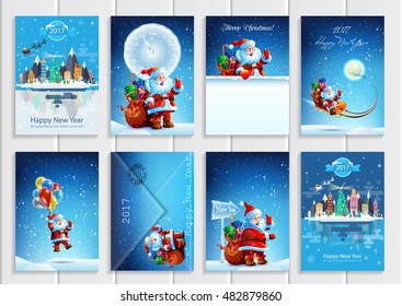 Set of vector New Year stock illustrations. Use for packaging design, books, brochures, magazines, printer materials, elements of site, banner, holiday cards. Images of Santa Claus, snowflakes. Icon