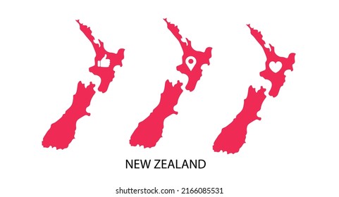 Conjunto de mapas vectoriales de newzealand. con icono de ubicación, icono de corazón y icono similar. Ilustración vectorial.