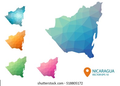 Set of vector Nicaragua maps. Bright gradient map of country in low poly style. Multicolored country map in geometric style for your infographics. Vector illustration eps 10.