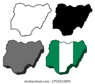 set vector nigeria flag in map icon. Detailed nigeria map silhouette. 3D isometric nigeria map symbol design template illustration