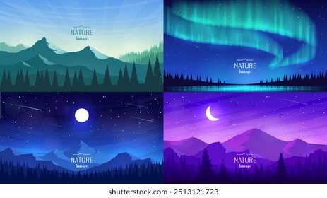 Conjunto de paisagens noturnas vetoriais. A lua no céu escuro acima das cordilheiras, nascer do sol, silhuetas de abetos, aurora boreal. Design para plano de fundo, banners de viagem, cartões de visita, folhetos.