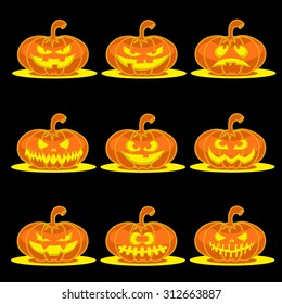 Set vector nine design elements: halloween pumpkins with scary face